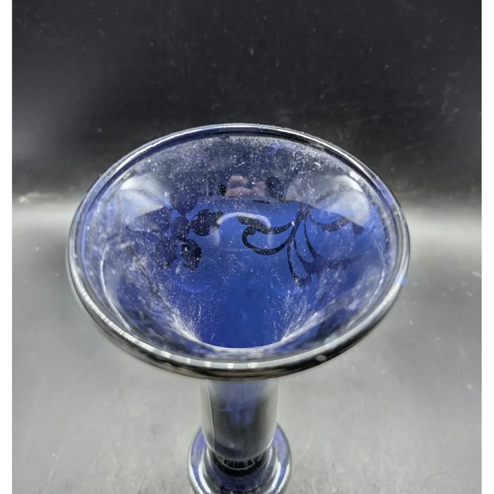 Vintage Cobalt Blue Glass Candlestick Holder Silver Overlay Floral Trumpet 8in
